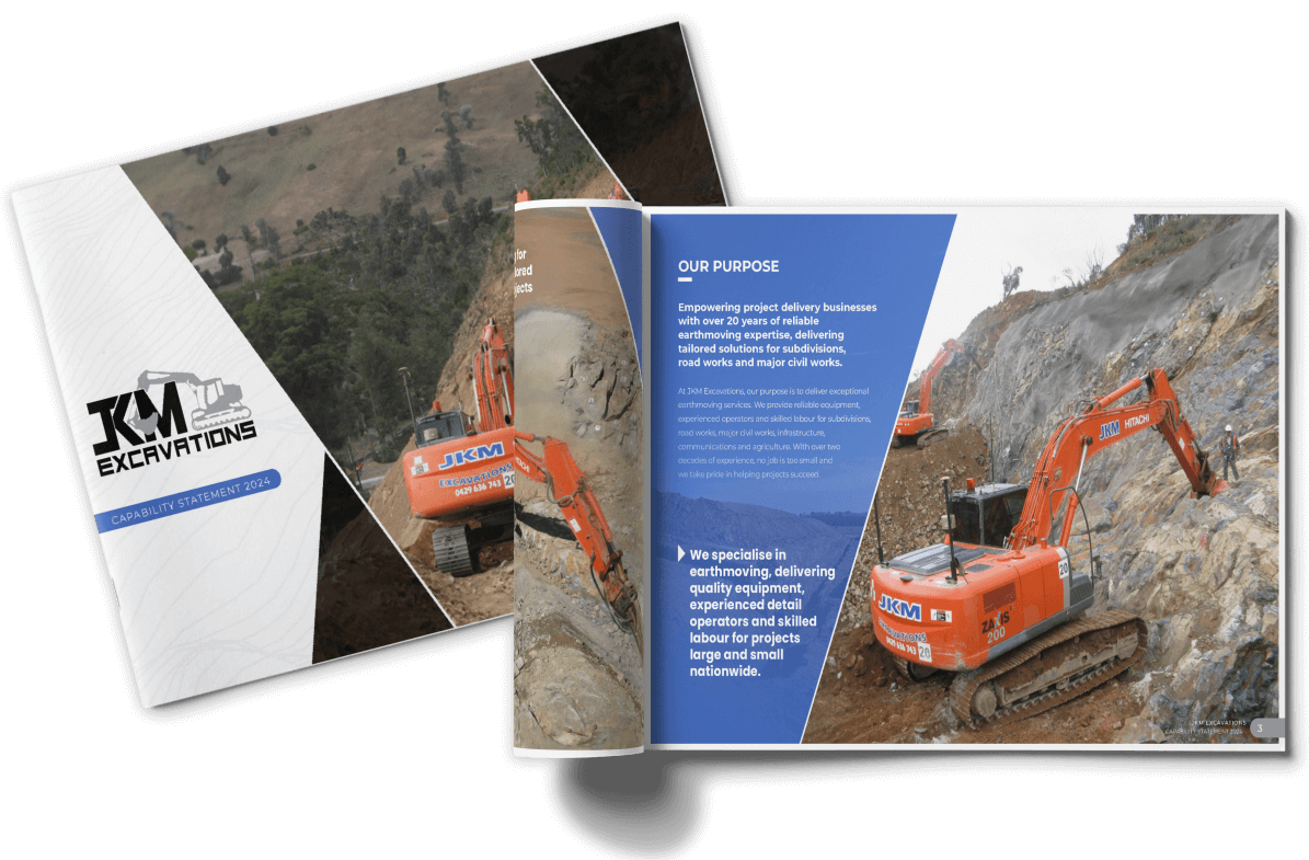 A brochure showcasing heavy machinery, featuring excavators working on steep, rocky terrain. The JKM Excavations logo is visible, with accompanying text highlighting their professional services in construction and earthmoving.