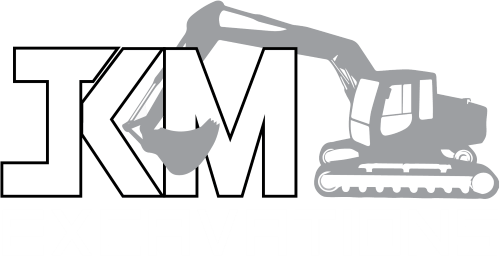 Logo of "KM Excavations" featuring a stylized excavator integrated into the letters "KM" above the word "Excavations". The design is in grayscale.
